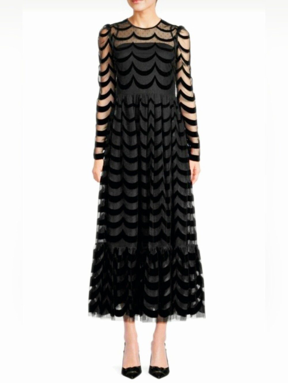 RED Valentino Swiss-Dot Tulle Maxi Dress With Scalloped Flocked Pattern Like New